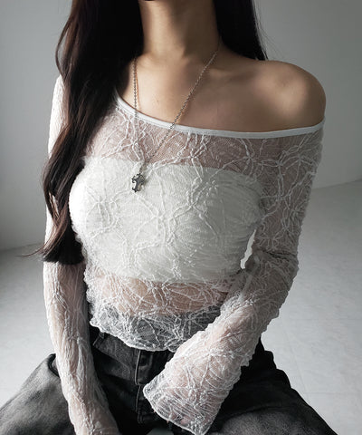 【 ２color ／２WAY 】ワンショルルーズシアーレーストップス ／ one shoulder loose sheer lace tops