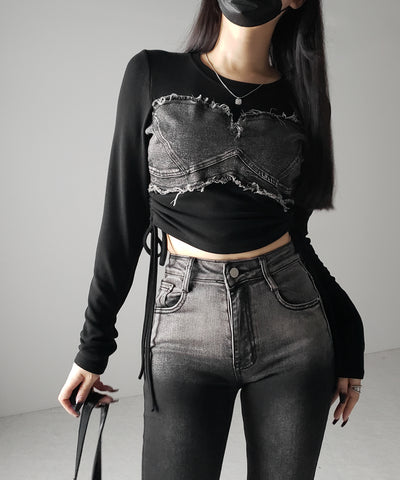 【 ２color 】サイドリボンダメージデニムドッキングＴシャツ ／ side ribbon damage denim docking Tee