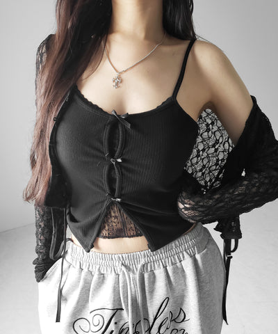 フロントリボンレースレイヤードリブキャミソール ／Front ribbon lace layered ribbed camisole