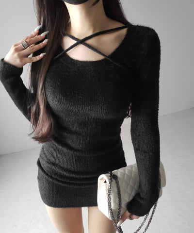 クロスストラップシャギーニットミニワンピース ／ cross strap shaggy knit mini onepiece
