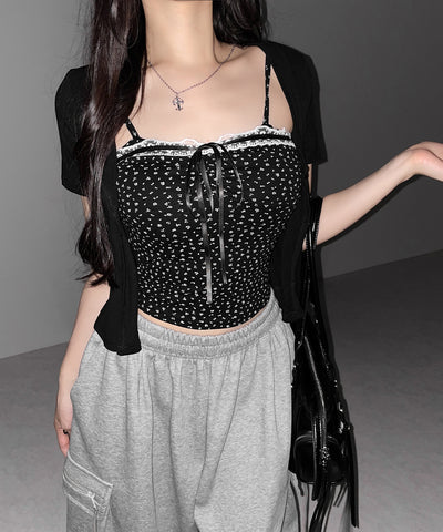 【 ２点セット 】小花柄レースリボンキャミソール ＋ カーディガンセット ／ mini flower lace ribbon camisole + cardigan SET
