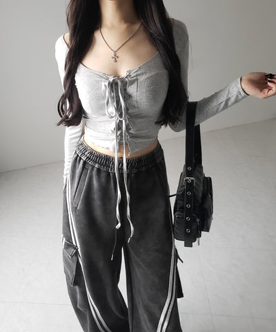 【 ３color 】レースアップフロントリボンショートスリムトップス ／ lace up front ribbon short slim tops
