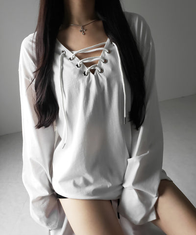 【 ２color 】レースアップルーズシルエット長袖ビッグTシャツ ／ laceup loose silhouette long sleeve big T-shirt