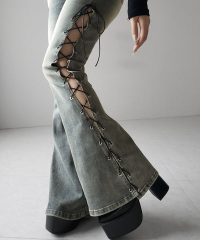 レースアップカットアウトストレッチフレアデニム ／ lace up cutout stretch flare denim