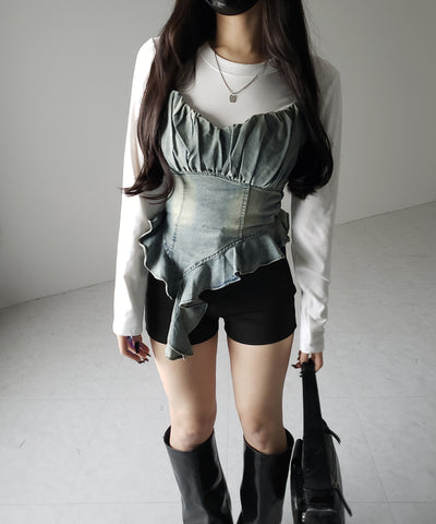 【 ２点セット 】ヴィンテージデニムビスチェ ＆ レイヤードＴシャツセット ／ vintage denim bustier & layered Ｔ-shirts set