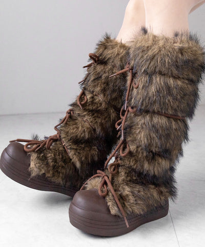 ボリュームフェイクファーレースアップロングブーツ ／ volume fake fur laceup long boots