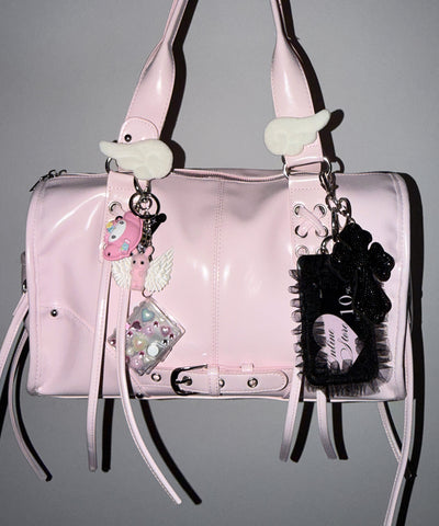 【 ショルダーストラップ付き２WAY 】レースアップベルテッドフリンジボストンショルダーバッグ／lace up belted fringe boston shoulder bag