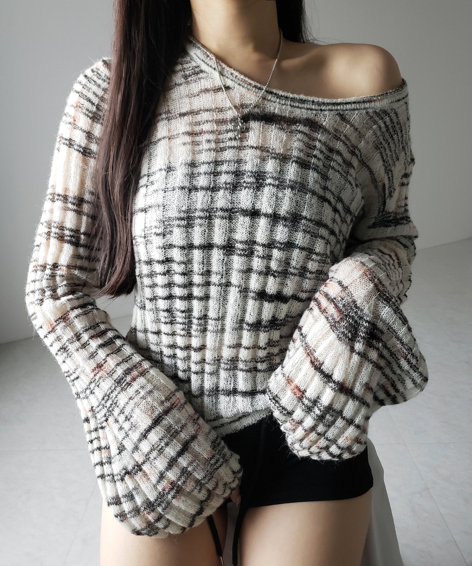 トップス me andme ニット セーター シアーバイカラー長袖ニットトップス