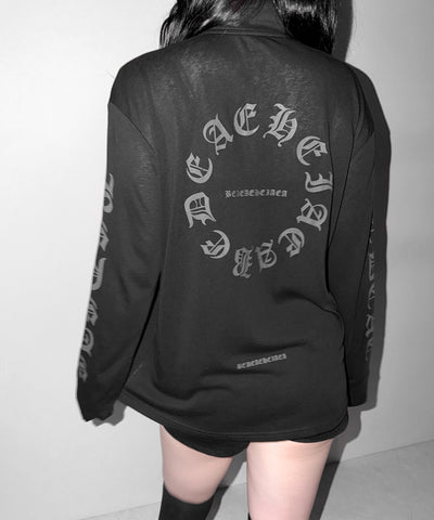 グランジロゴスタンドジップアップオーバーシアートップス ／ grunge logo stand zipup over sheer tops