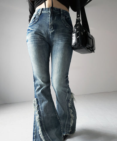 【 ２color ／ ４size 】ヴィンテージライクフリンジストレッチフレアデニム ／ Vintage-like fringe stretch flare denim