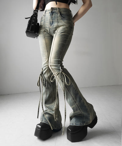 【 ２color ／ ４size 】ストラップリボンヴィンテージストレッチフレアデニム ／ strap ribbon vintage stretch flare denim