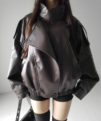 ヴィンテージフェイクレザースタンドカラージップアップブルゾン ／ 2WAY vintage fake leather stand collar zipup blouson