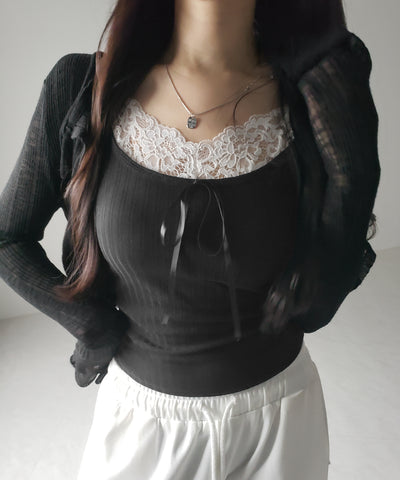 【 ３color ／ カップ付き 】フロントリボンレースドッキングキャミソール ／front ribbon lace docking camisole