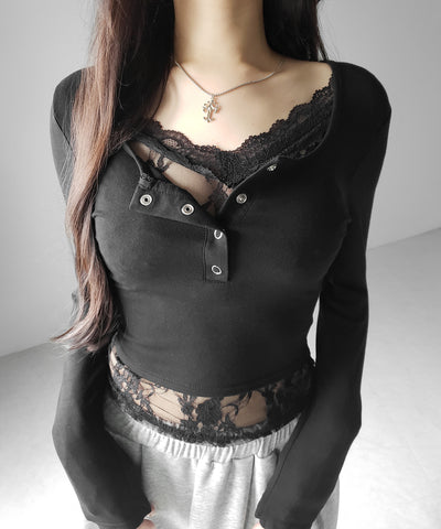【 人気アイテムの長袖verが新登場！ 】レースレイヤードヘンリーネックスクエア長袖Ｔシャツ ／ lace layered henley neck square long sleeve T-shirt