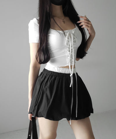 【 ２color ／インパン裏地付き 】フェイクレイヤードコットンバルーンミニスカート ／ fake layered cotton balloon mini skirt