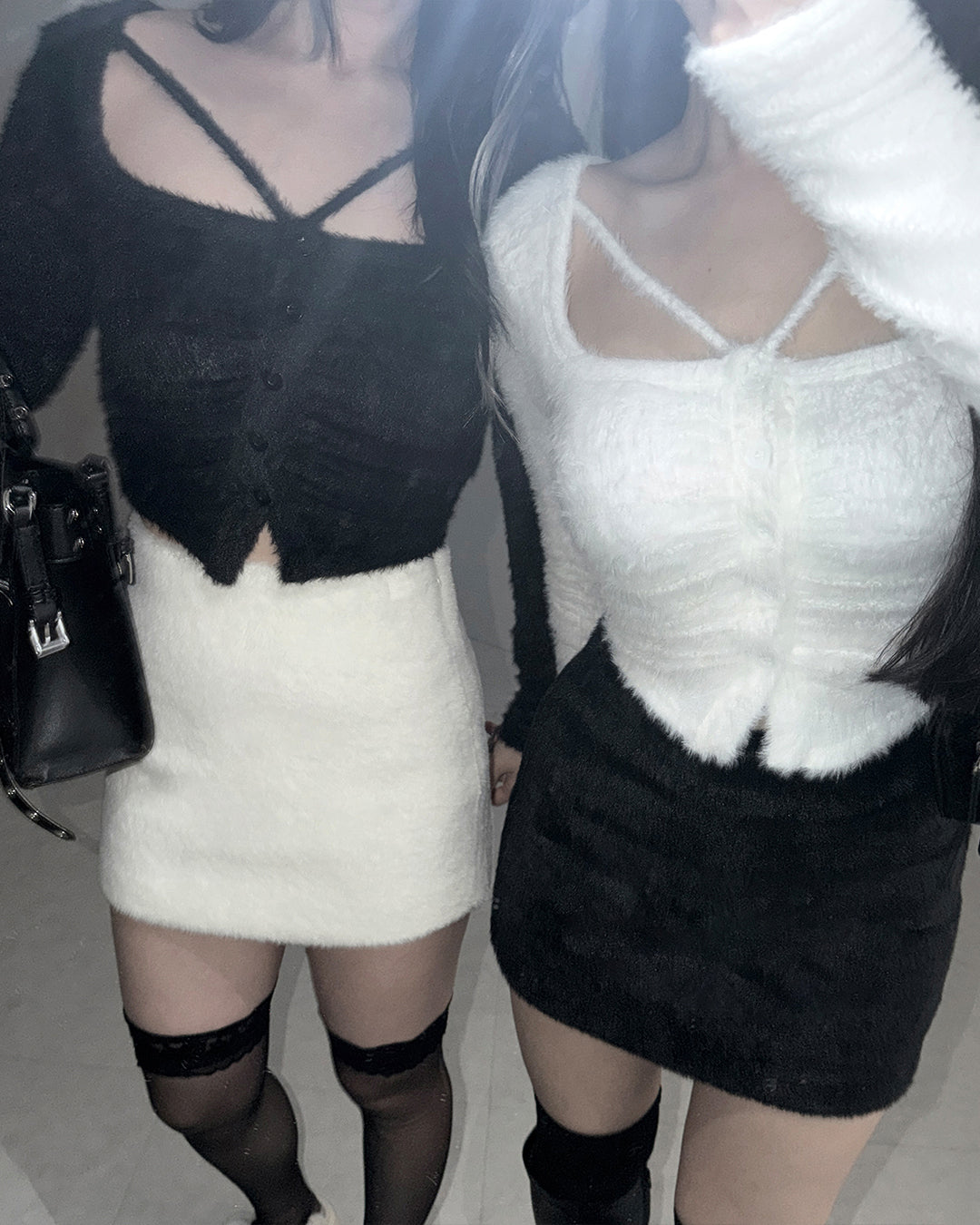 クロスストラップスクエアショートシャギーカーディガン ／ cross strap square short shaggy cardigan