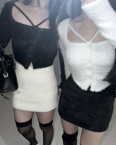 クロスストラップスクエアショートシャギーカーディガン ／ cross strap square short shaggy cardigan