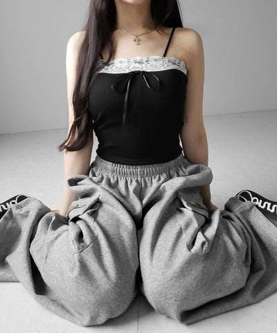 フロントリボンレースショートキャミソール ／ front ribbon lace short camisole