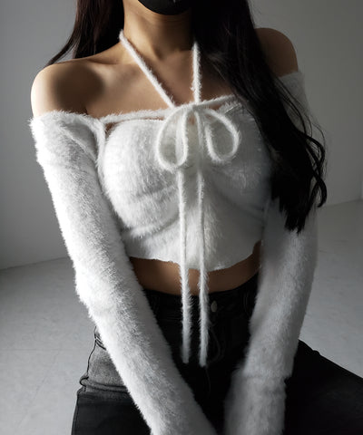 【 ２点セット 】シャギーリボンベアトップス ＆ ショートシャギーカーディガン SET ／ Shaggy ribbon bare tops & short shaggy cardigan
