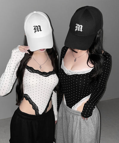 ドットカットアウトレースポイントボディスーツトップス ／dot cutout lace point bodysuit tops