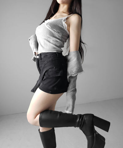 カーゴポケットレイヤードデニムミニスカパン ／ cargo pocket layered denim mini skirt pants