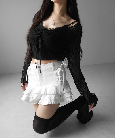 【 インパン裏地付 】レースアップブラックフリルミニスカート ／ laceup black frill mini skirt