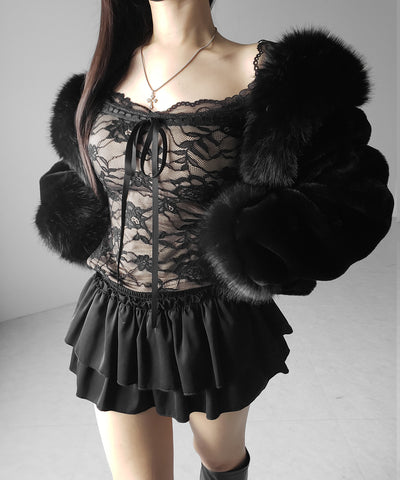 【 裏起毛 】フロントリボンレースレイヤードスクエアネックトップス ／ urakimo front ribbon lace layered square neck