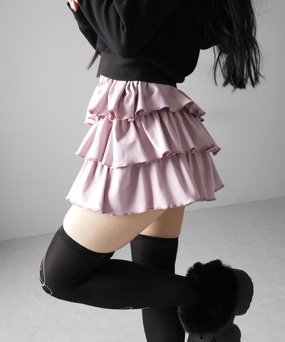 【 新色ピンク追加！４color 】３段フリルカットソーミニスカパン ／ 3 frill cutsew mini skirt pants