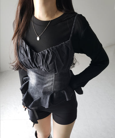【 ２点セット 】ヴィンテージデニムビスチェ ＆ レイヤードＴシャツセット ／ vintage denim bustier & layered Ｔ-shirts set