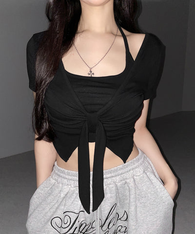 フロントリボンレイヤードトップス ＋ ホルターキャミ  ＳＥＴ  ／ front ribbon layered tops ＋ halter camisole SET