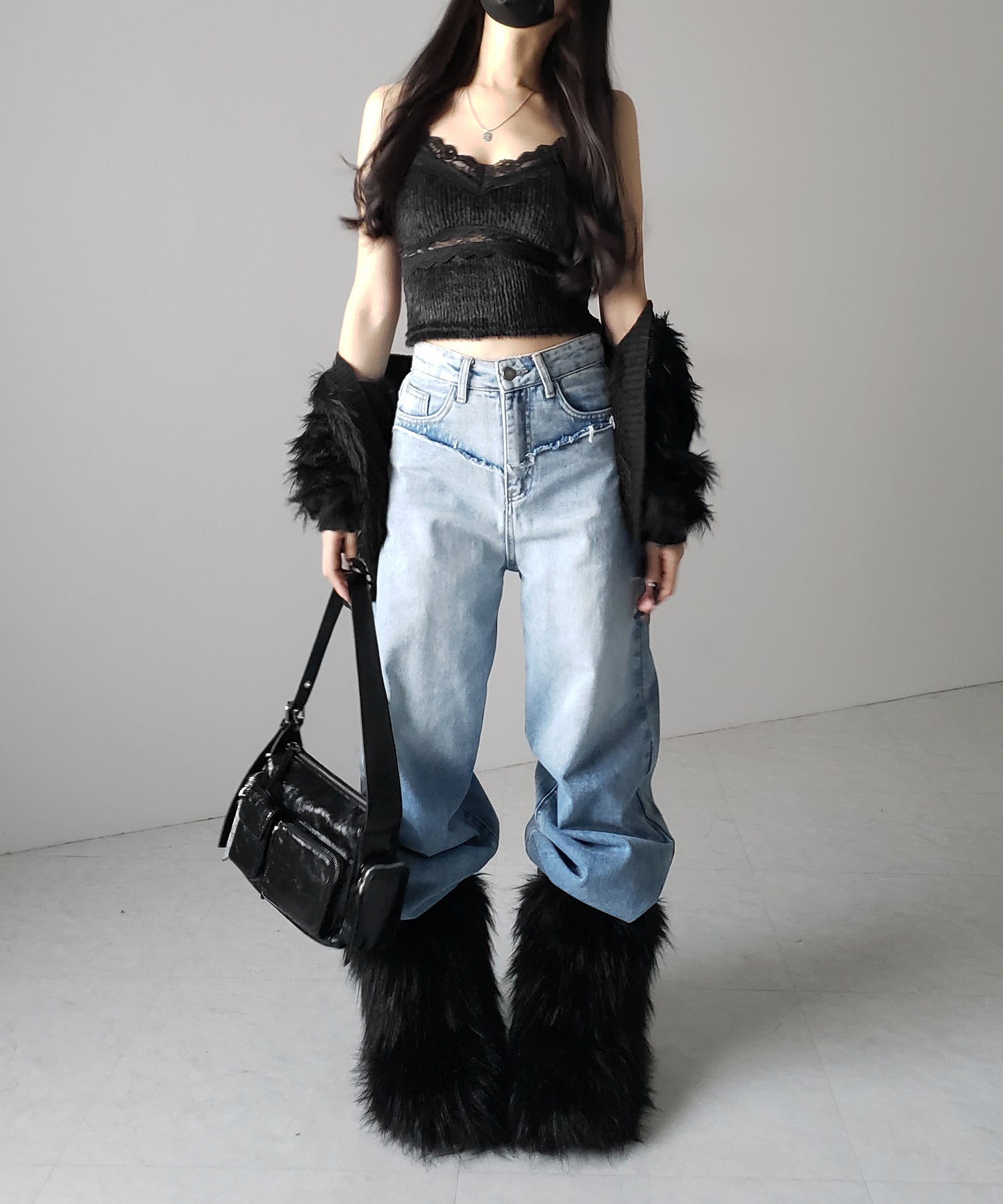 【 カップ付き 】ダブルレースシャギーファーショートビスチェキャミソール ／ double lace shaggy fur short bustier camisole