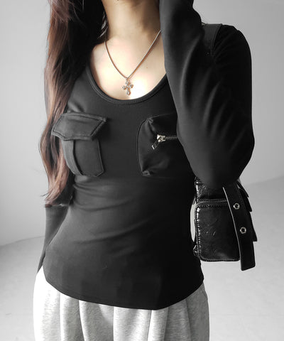 【 裏起毛 】アウトポケットオープンネックスリムトップス ／ out pocket open neck slim tops