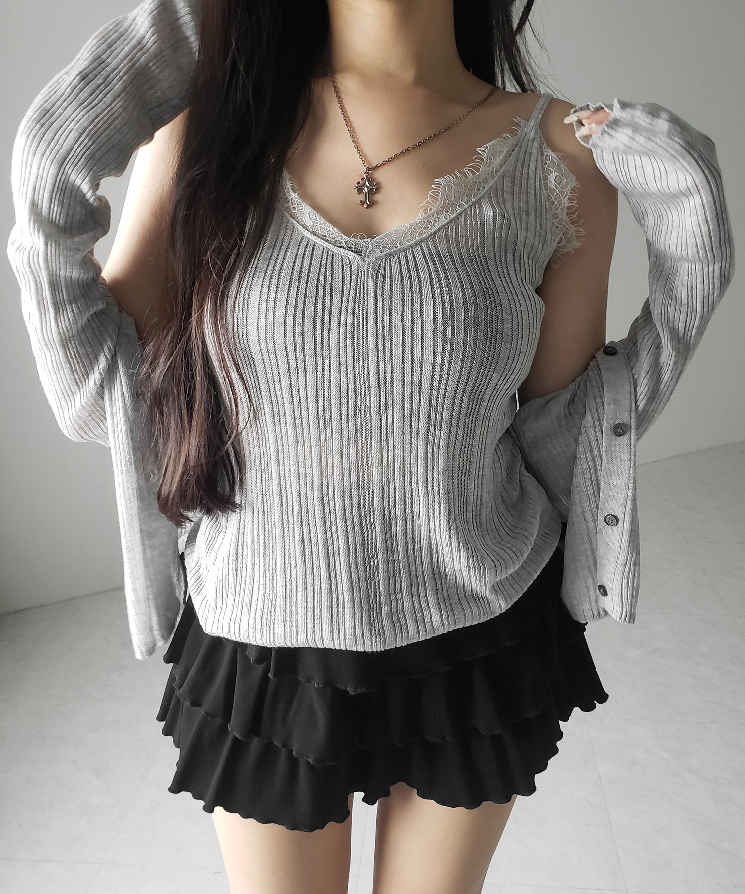 【 ２点セット 】レースニットキャミソール ＋ シアーニットカーディガン SET ／ lace knit camisole + sheer knit cardigan SET