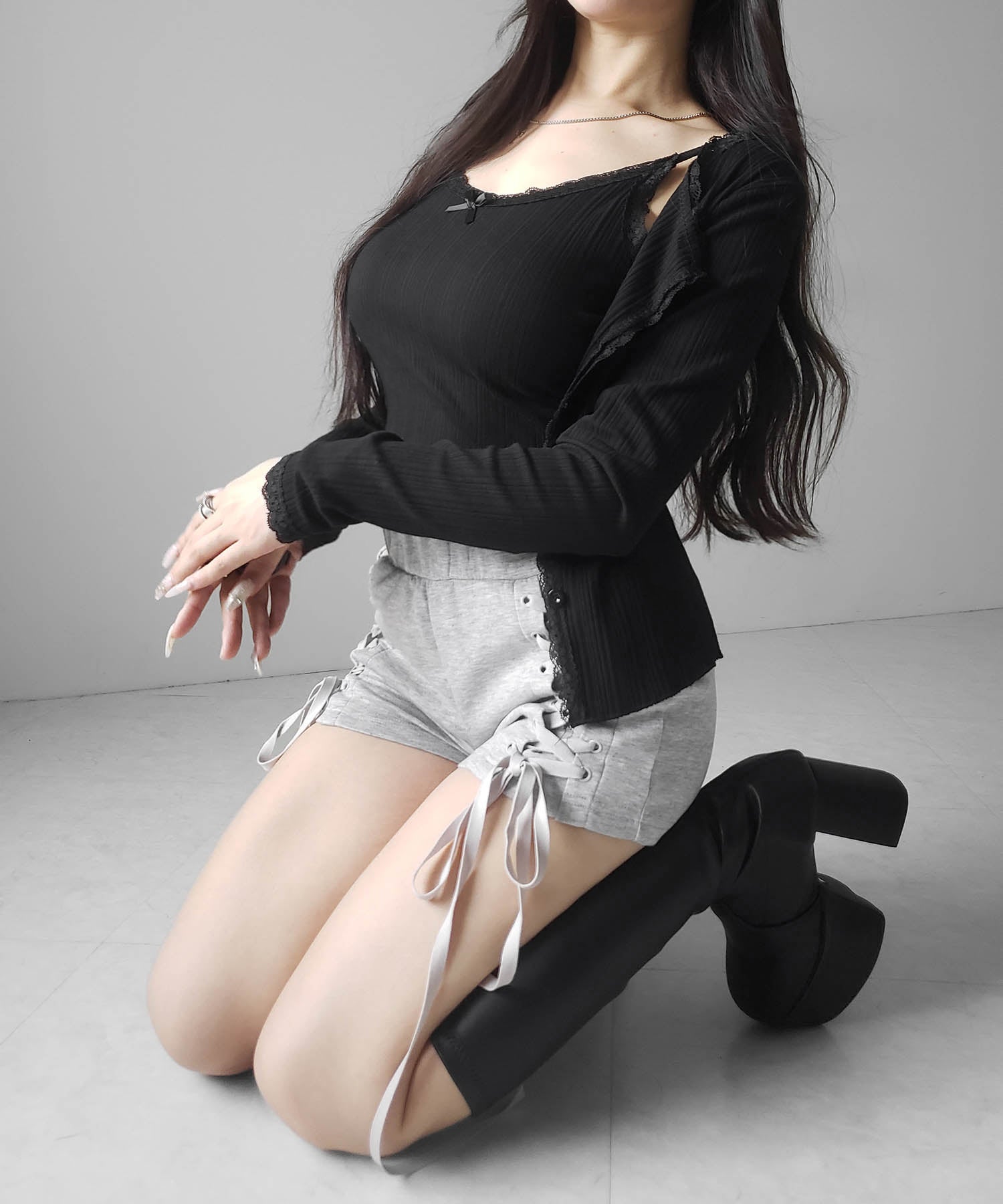 【 ２点セット 】フロントリボンレース切替リブキャミソール ＋ カーディガンセット ／front ribbon lace lib camisole + cardigan SET