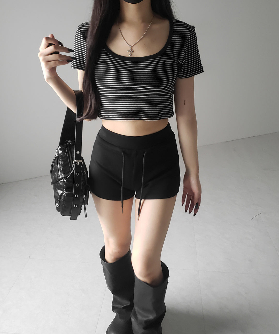【 ２color 】ピンボーダースクエアネックショートＴシャツ ／ pin border square neck short T-shirt