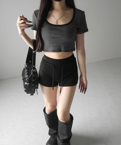 【 ２color 】ピンボーダースクエアネックショートＴシャツ ／ pin border square neck short T-shirt