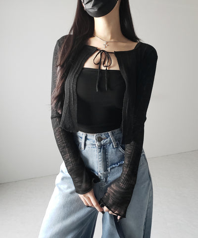 【 ２color 】フロントリボンシアーニットショートカーディガン ／ front ribbon sheer knit short cardigan