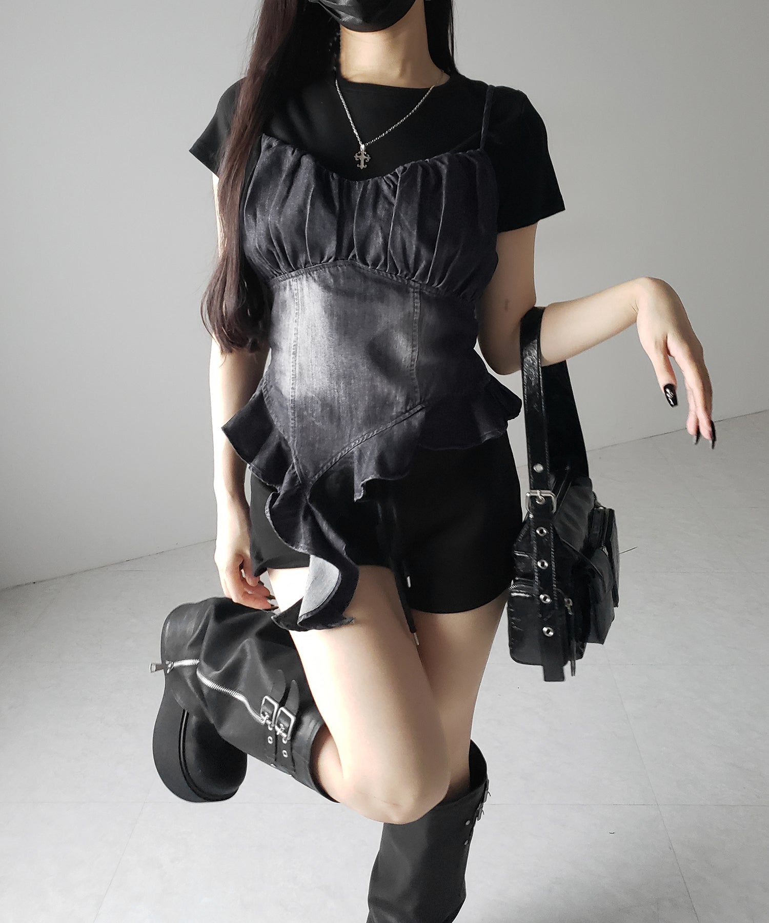 【 ２点セット 】ヴィンテージデニムビスチェ ＆ 半袖レイヤードＴシャツセット ／ vintage denim bustier & short sleeve layered Ｔ-shirts set