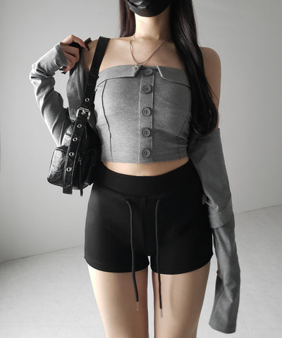 【 2点セット 】フロントボタンベアトップ ＋ クロップドカットソーカーディガン SET ／ front button bare top + cropped cutsaw cardigan SET