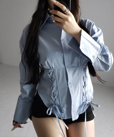 ダブルレースアップリボンシャツ ／ double lace up ribbon shirts