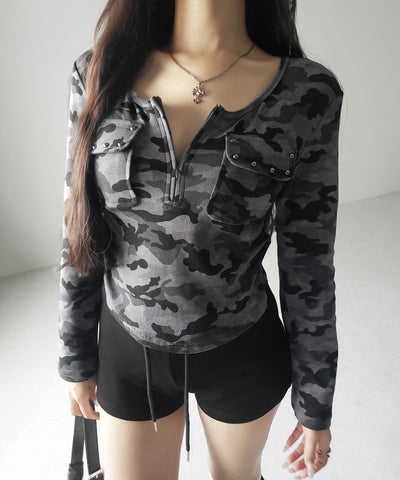 ヴィンテージカモフラアウトポケットジップロンT ／ vintage camouflage out pocket zip longsleeve T-shirt