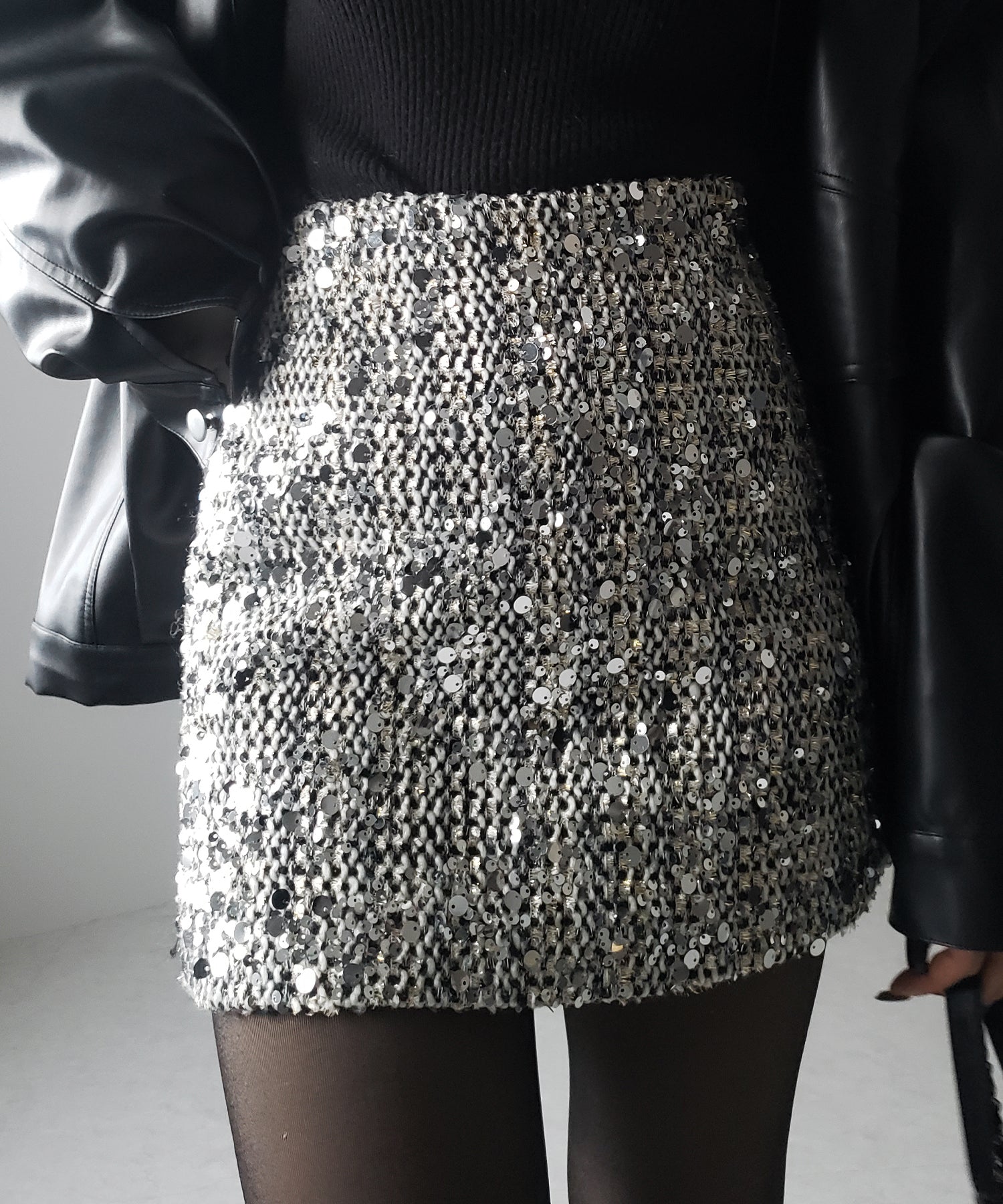【 インパン裏地付 】スパングルツイードハイウエストミニスカート ／ Spangle tweed high waist mini skirt