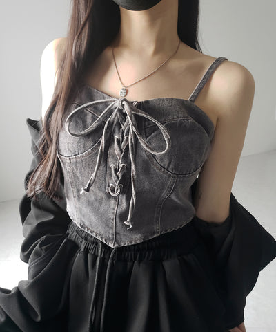 【 ２color 】レースアップリボンコルセットデニムビスチェ ／ lace up ribbon corset denim bustier