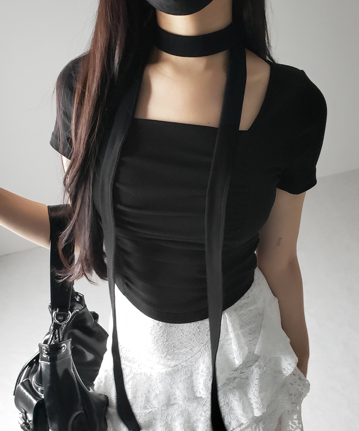 【 ２WAY 】チョーカーロングタイ付き スクエアネックギャザースリムＴシャツ ／ choker long tie SET square neck gather slim sleeve T-shirt