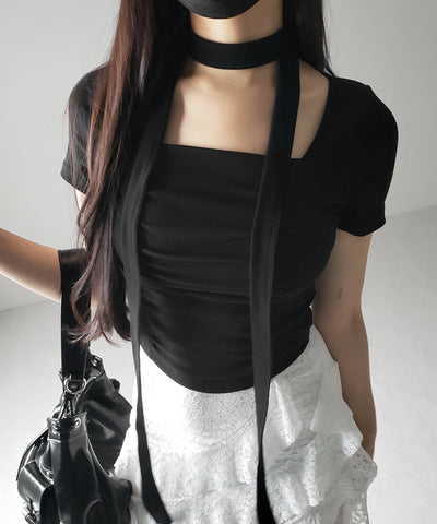 【 ２WAY 】チョーカーロングタイ付き スクエアネックギャザースリムＴシャツ ／ choker long tie SET square neck gather slim sleeve T-shirt