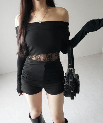 【 ２color 】ウエストレースカットアウトオフショルトップス ／ waist lace cutout offshoulder tops