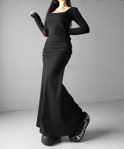 スクエアネックシャーリングマーメイド長袖ロングタイトワンピ ／ Square neck shirring mermaid long-sleeved long tight onepiece