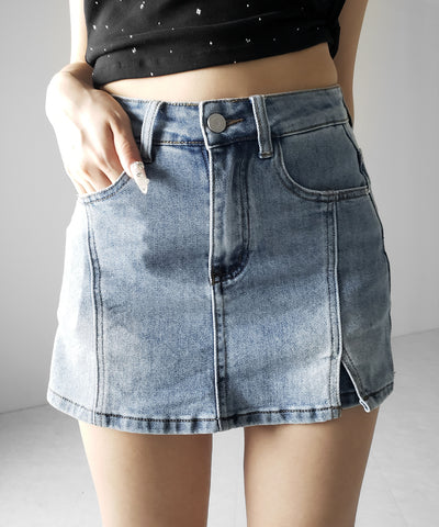 ミニスリットストレッチレイヤードデニムミニスカパン ／ mini slit stretch layered denim mini skirt pants