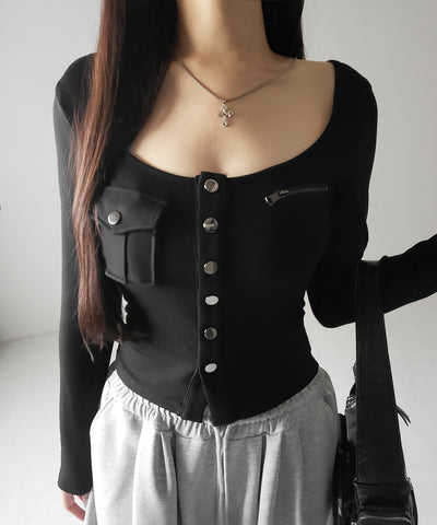 アウトポケットスクエアネック長袖スリムTシャツ ／Out pocket square neck long sleeve slim T-shirt