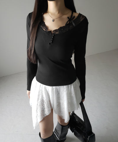 【 ２color 】ストラップダブルリボンレースカットソートップス ／ strap double ribbon lace cutsew tops